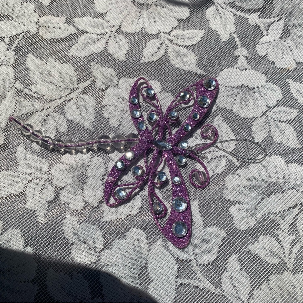 Purple Glitter Dragonfly Ornament with Silver Accents
